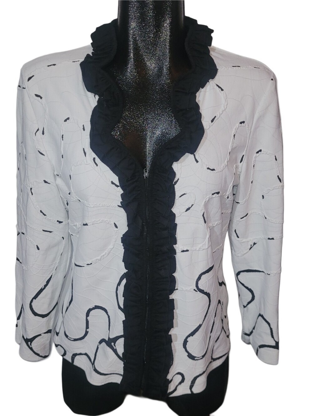 Ravel Y2K White Ruffle-Trim Blazer Jacket with Black Abstract Detail Size L - Picture 2 of 7
